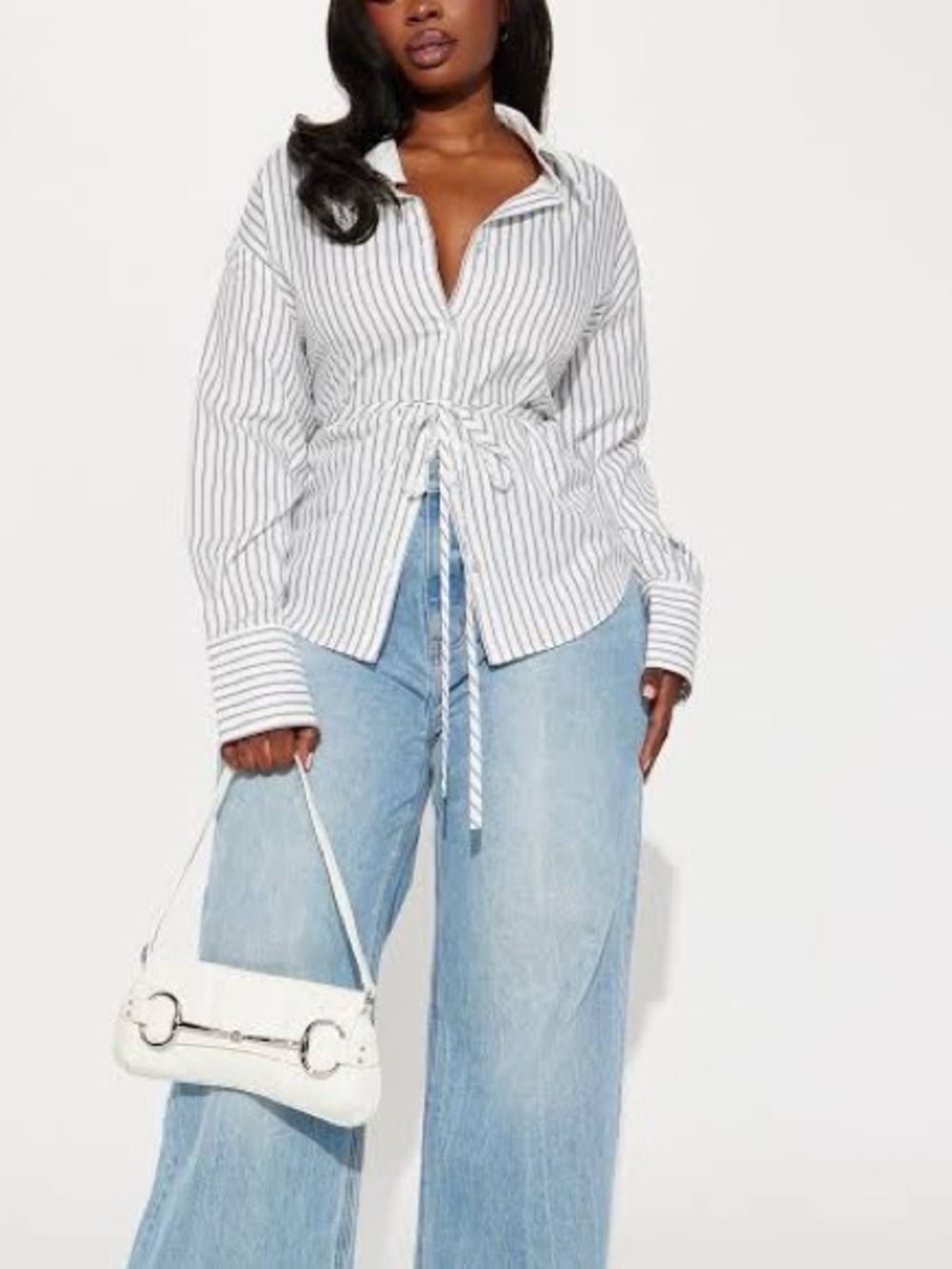 Fashion nova business classy tie waist button down shirt size small